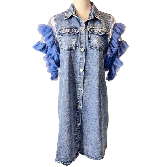 # A059  N BY Nancy   Denim Dress with Blue Tulle Ruffle Sleeves   L  NWT - Picture 1 of 8